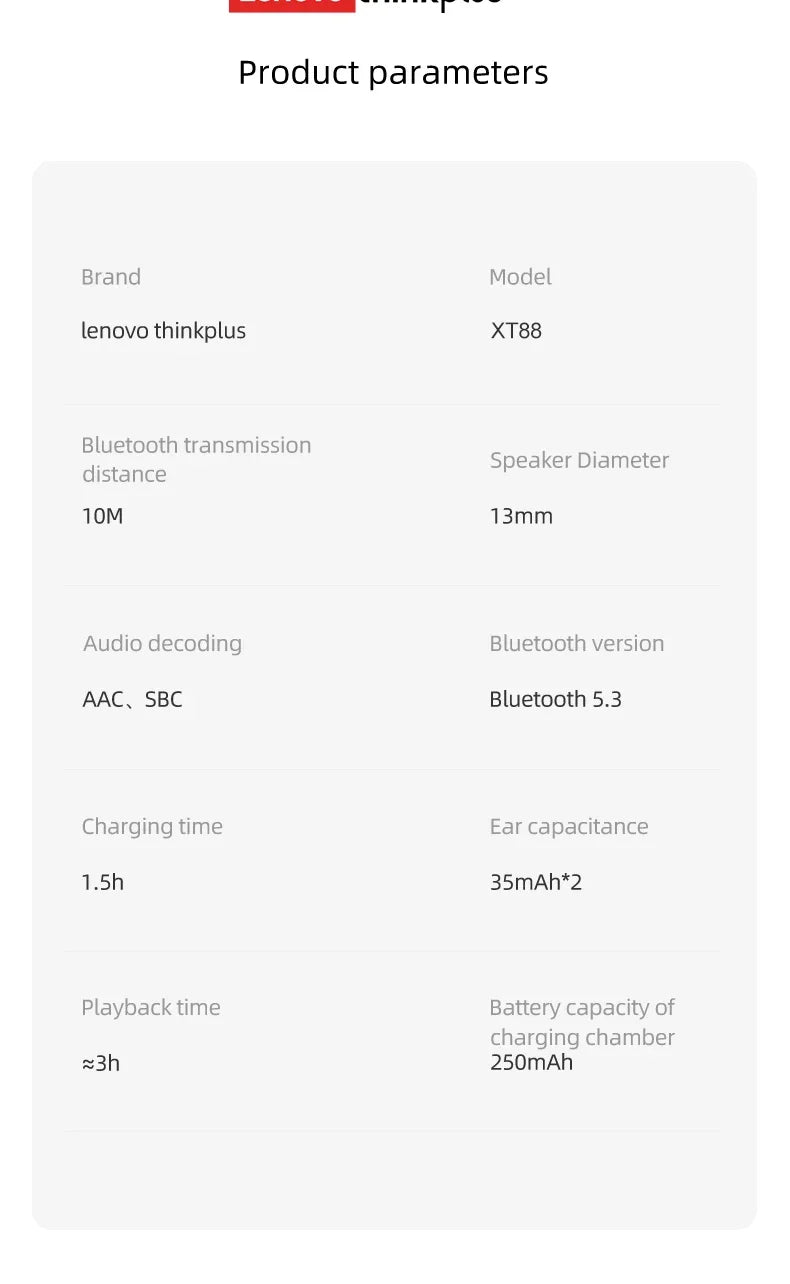 Lenovo – écouteurs sans fil Bluetooth XT88, oreillettes de musique Hifi avec Microphone, casque d'écoute étanche pour Sport, nouveauté 2022